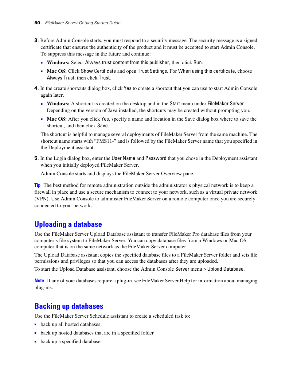 Uploading a database, Backing up databases | FileMaker G0600 User Manual | Page 50 / 72