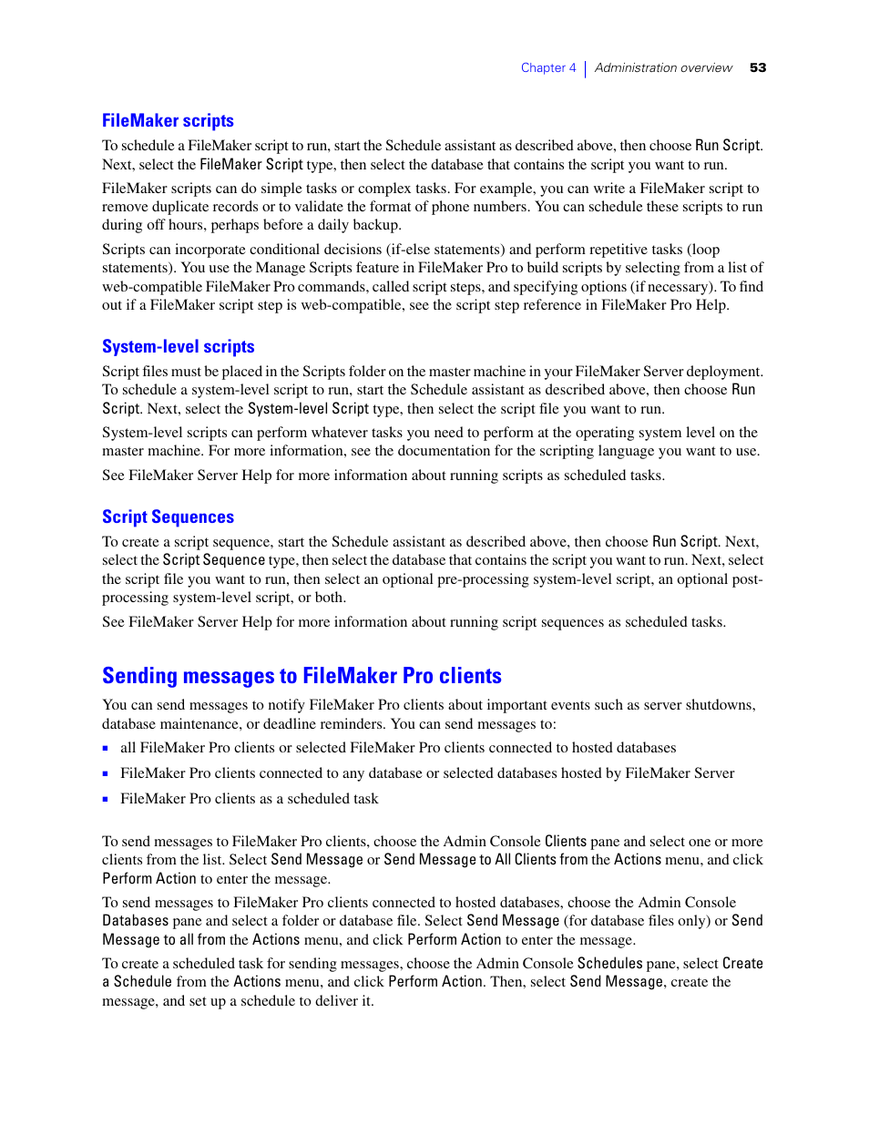 Filemaker scripts, System-level scripts, Script sequences | Sending messages to filemaker pro clients | FileMaker G0600 User Manual | Page 53 / 72