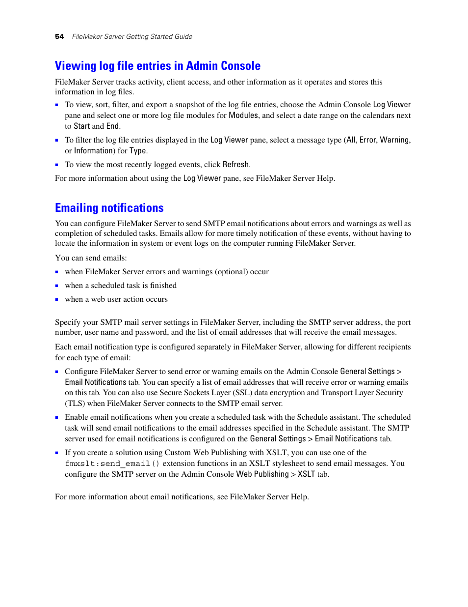 Viewing log file entries in admin console, Emailing notifications | FileMaker G0600 User Manual | Page 54 / 72