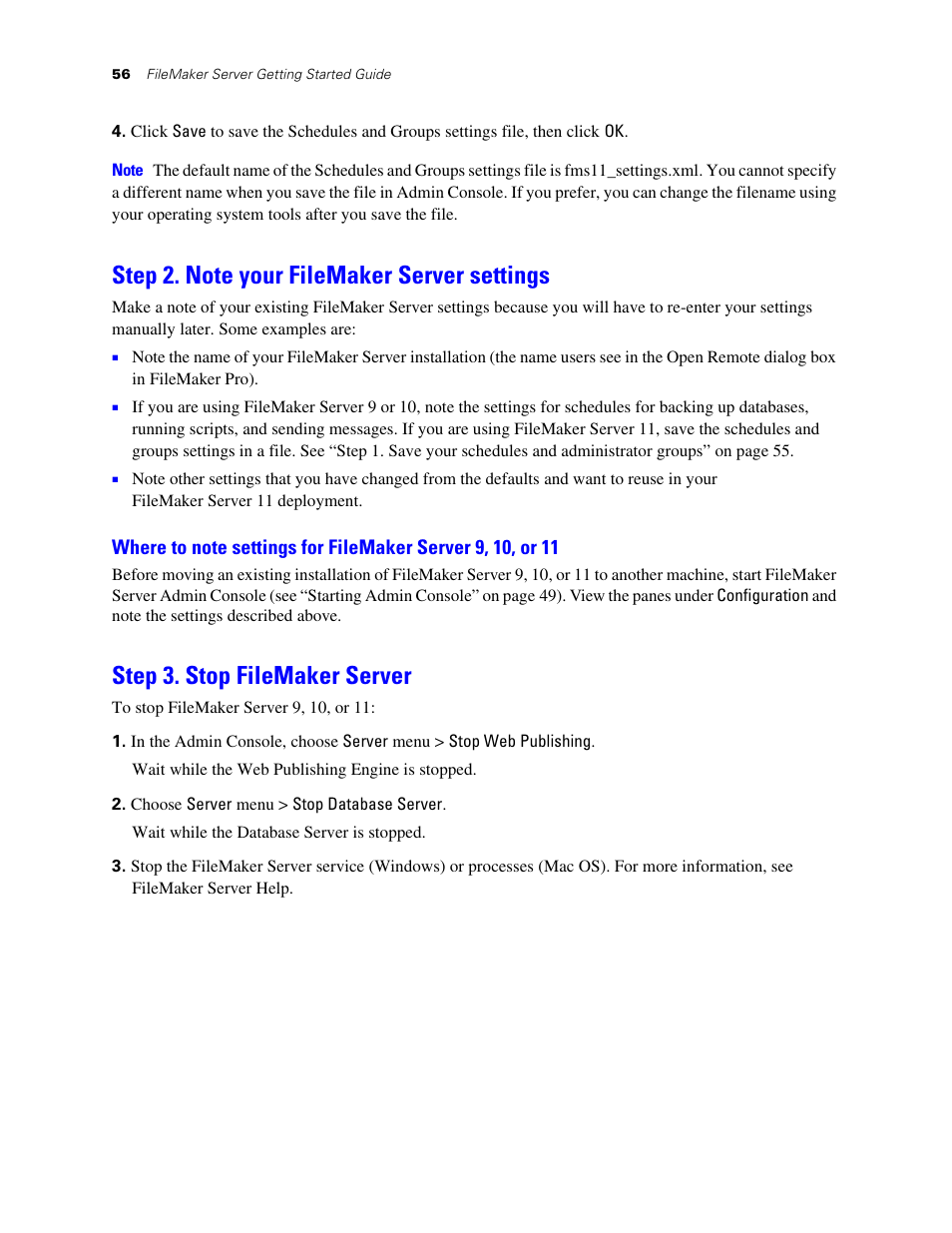 Step 2. note your filemaker server settings, Step 3. stop filemaker server | FileMaker G0600 User Manual | Page 56 / 72