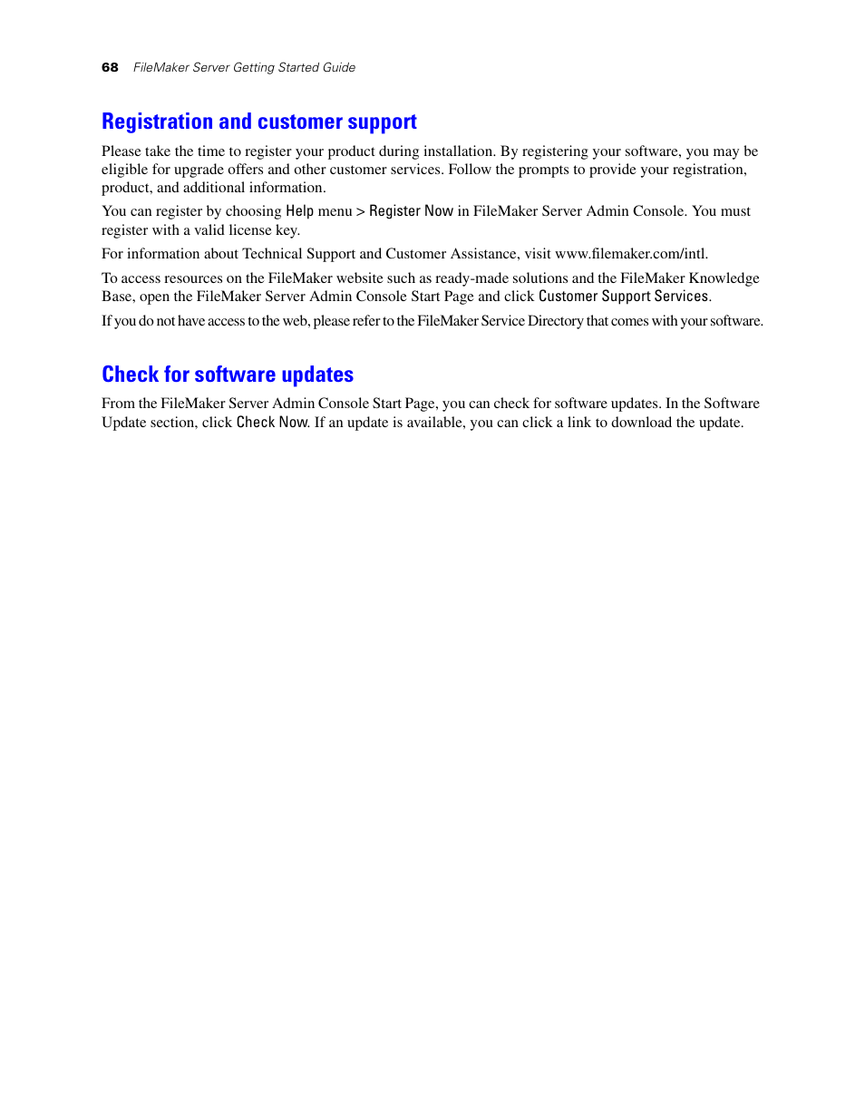 Registration and customer support, Check for software updates, Registration and customer | FileMaker G0600 User Manual | Page 68 / 72