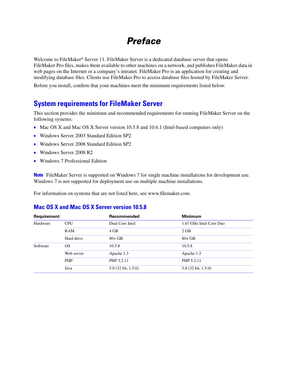 Preface, System requirements for filemaker server, Mac os x and mac os x server version 10.5.8 | FileMaker G0600 User Manual | Page 7 / 72
