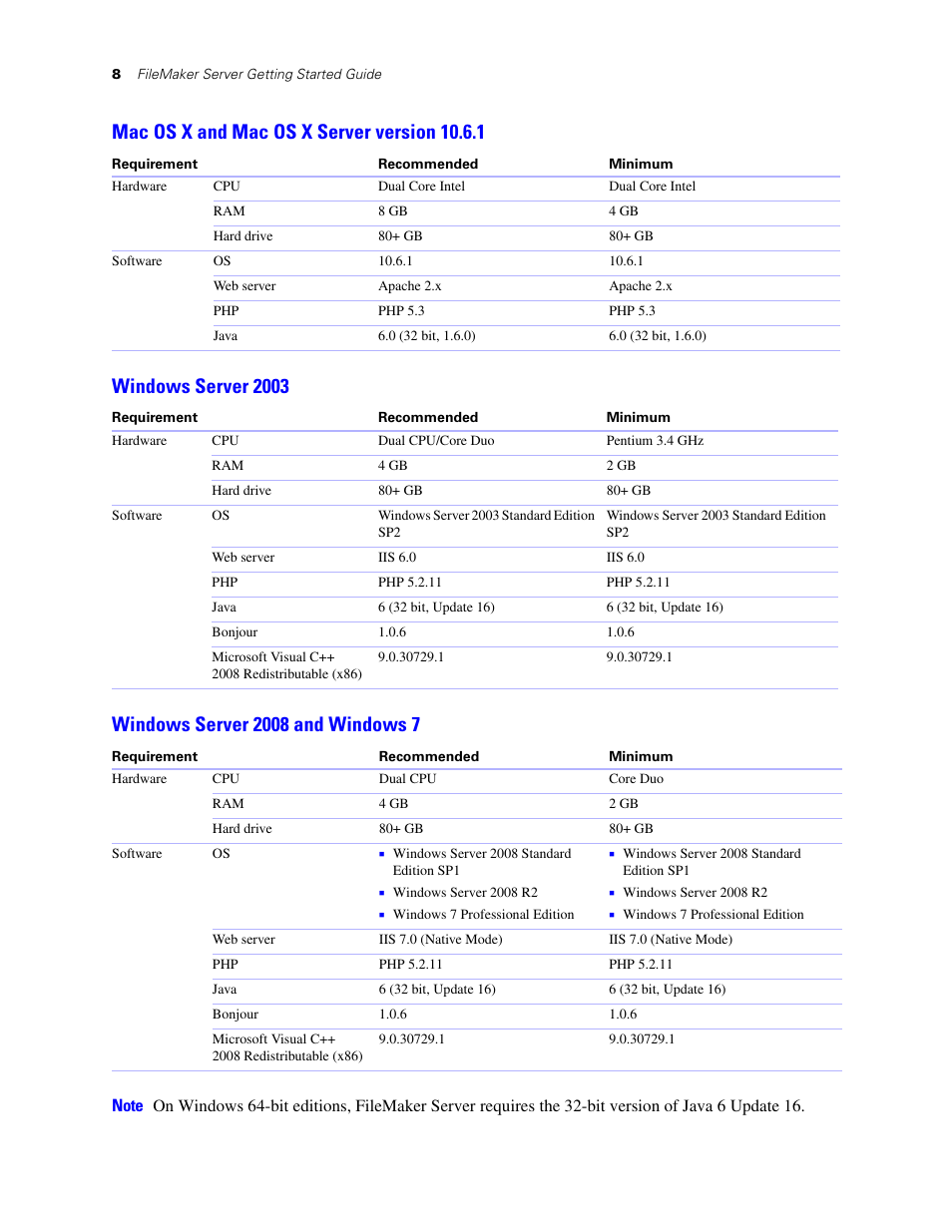 Mac os x and mac os x server version 10.6.1, Windows server 2003, Windows server 2008 and windows 7 | FileMaker G0600 User Manual | Page 8 / 72