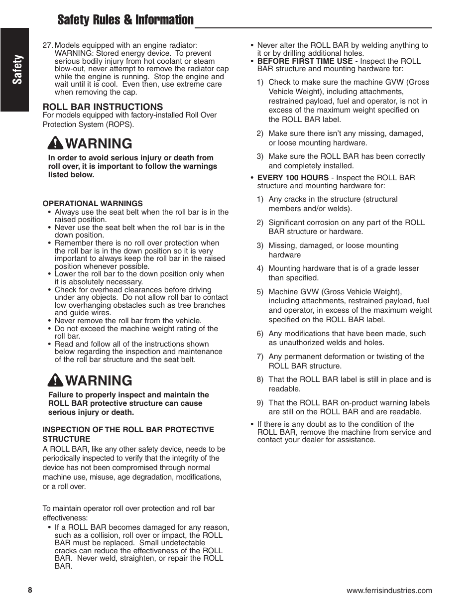 Safety rules & information, Warning, Safety | Ferris Industries HydroCut Series 5900111 User Manual | Page 10 / 43