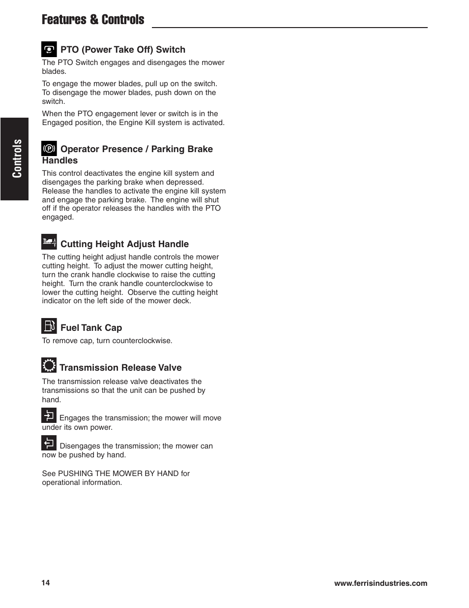 Features & controls, Controls | Ferris Industries HydroCut Series 5900111 User Manual | Page 16 / 43