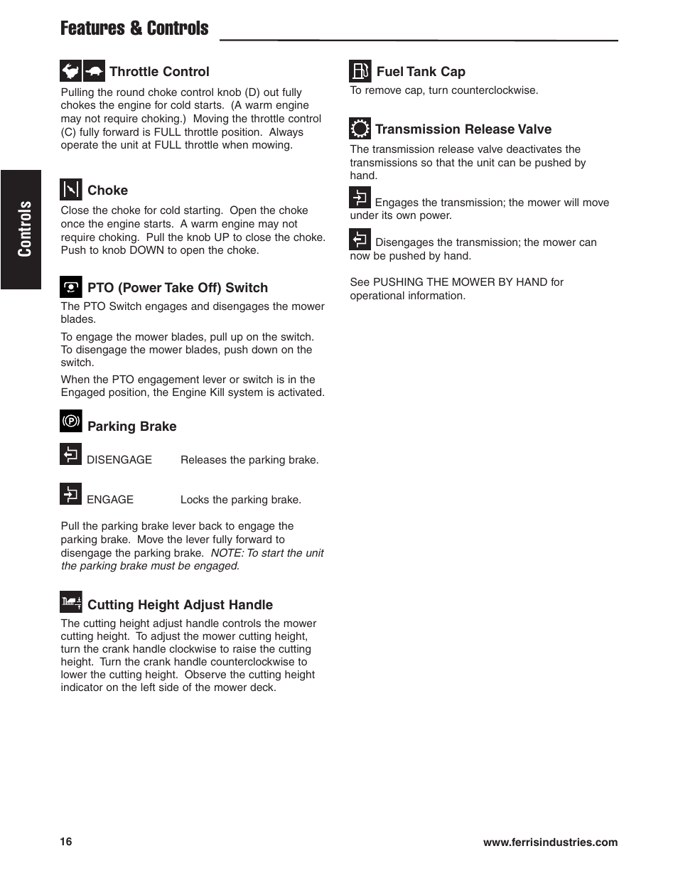 Features & controls, Controls | Ferris Industries HydroCut Series 5900111 User Manual | Page 18 / 43