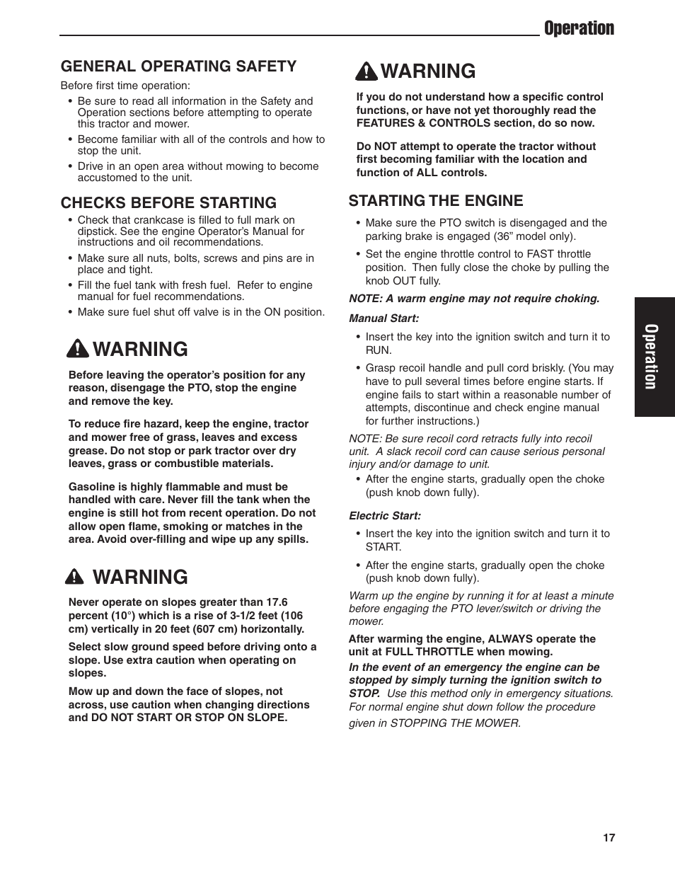 Warning, Operation, General operating safety | Checks before starting, Starting the engine | Ferris Industries HydroCut Series 5900111 User Manual | Page 19 / 43