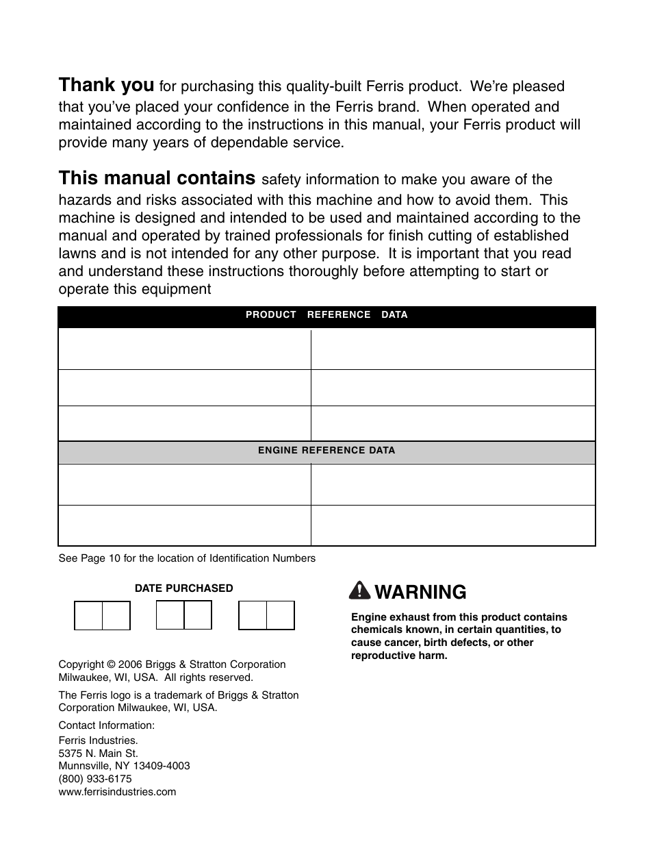 This manual contains, Warning | Ferris Industries HydroCut Series 5900111 User Manual | Page 2 / 43