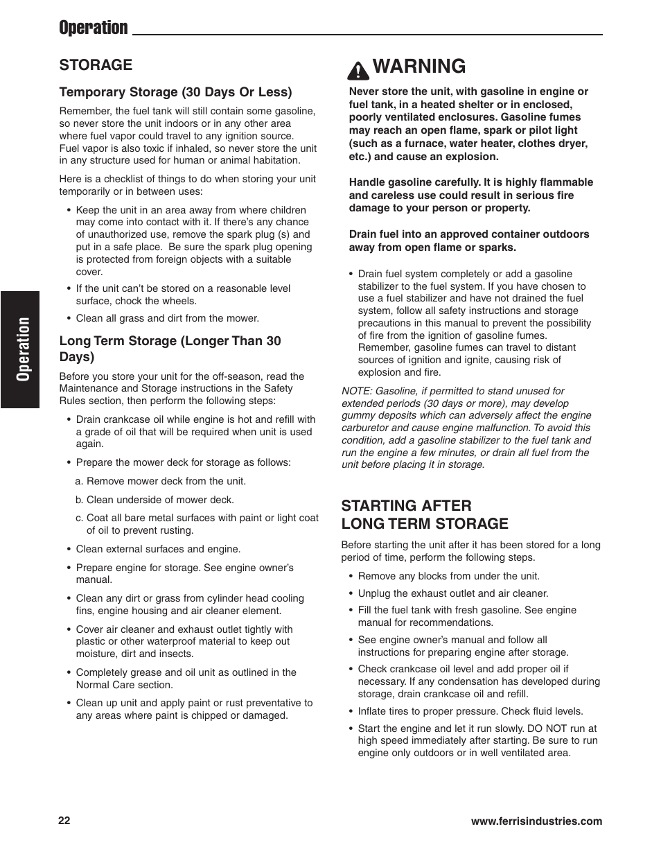 Warning, Operation, Storage | Starting after long term storage | Ferris Industries HydroCut Series 5900111 User Manual | Page 24 / 43