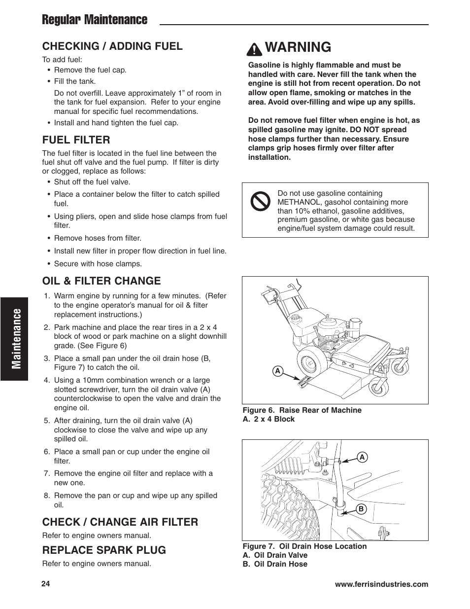 Warning, Regular maintenance, Maintenance | Checking / adding fuel, Fuel filter, Oil & filter change, Check / change air filter, Replace spark plug | Ferris Industries HydroCut Series 5900111 User Manual | Page 26 / 43