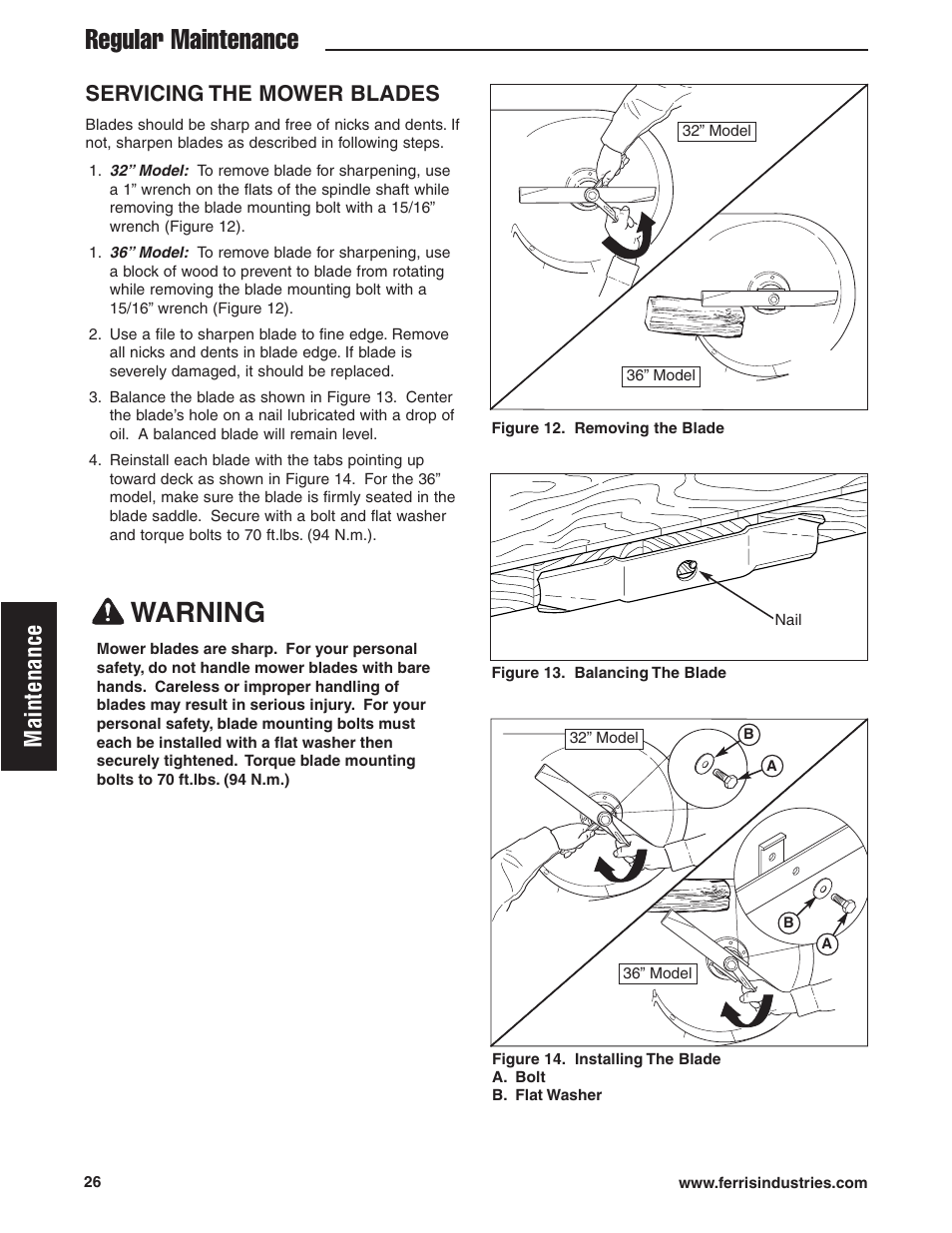 Warning, Regular maintenance, Maintenance | Servicing the mower blades | Ferris Industries HydroCut Series 5900111 User Manual | Page 28 / 43