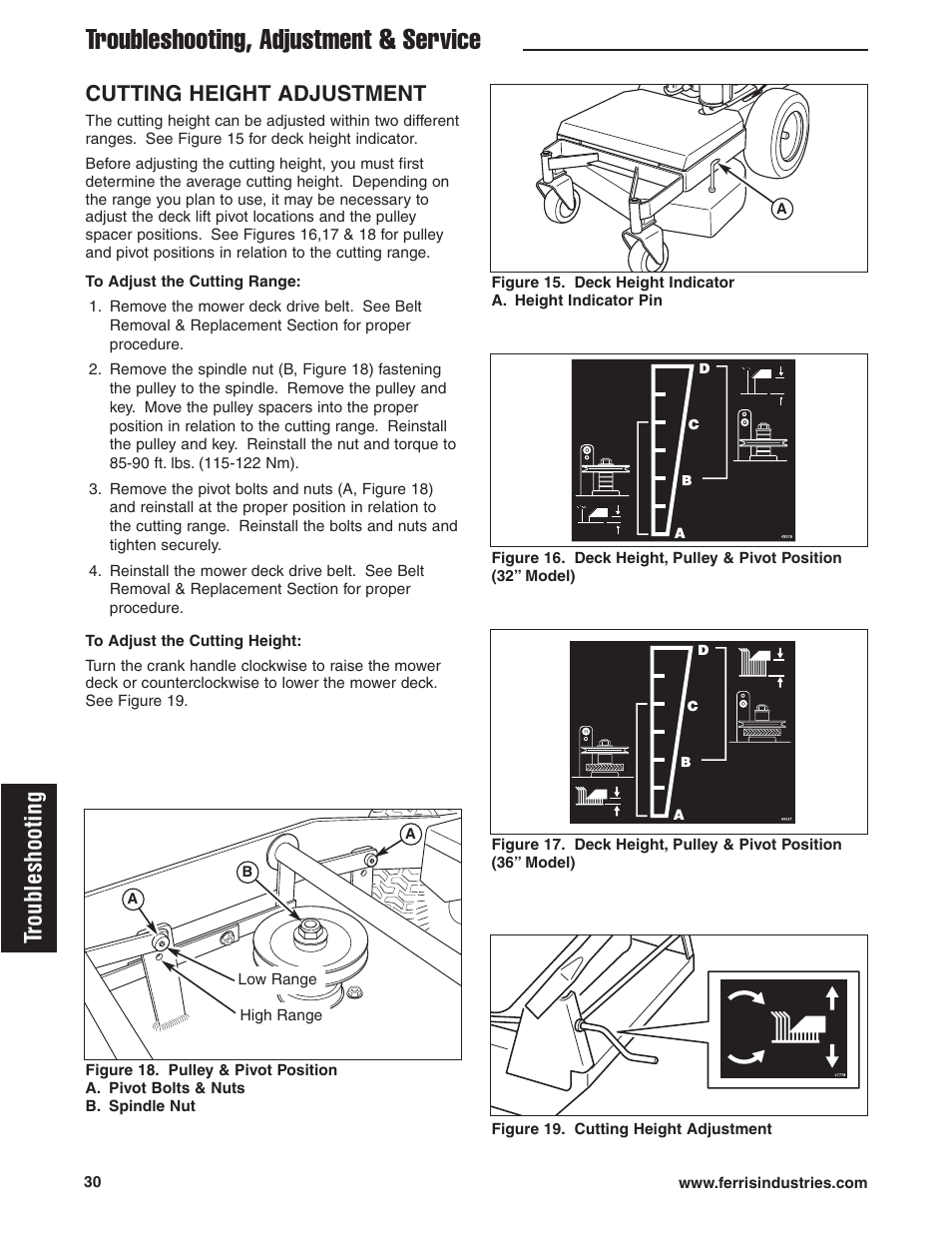 Troubleshooting, adjustment & service, Troubleshooting, Cutting height adjustment | Ferris Industries HydroCut Series 5900111 User Manual | Page 32 / 43