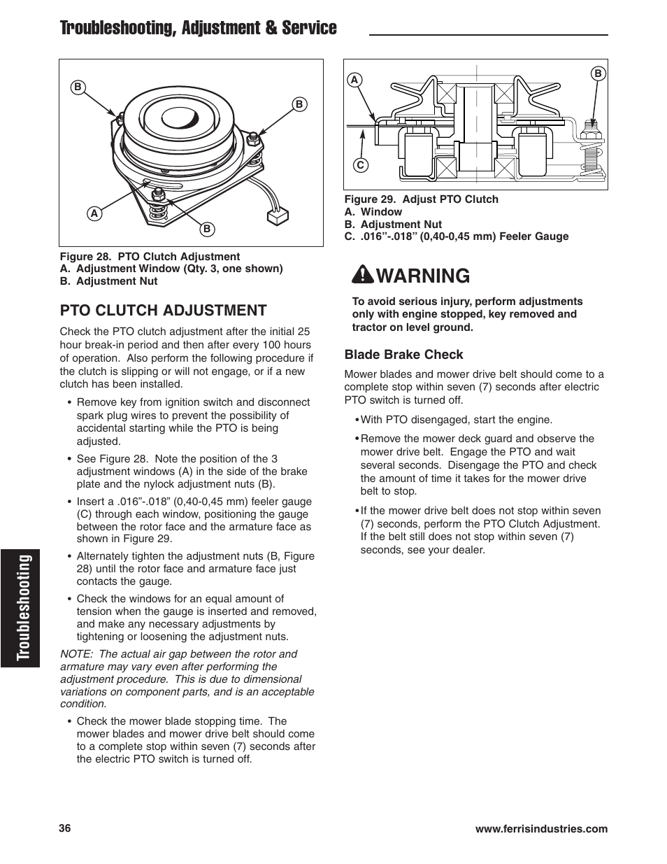 Troubleshooting, adjustment & service, Warning, Troubleshooting | Pto clutch adjustment | Ferris Industries HydroCut Series 5900111 User Manual | Page 38 / 43