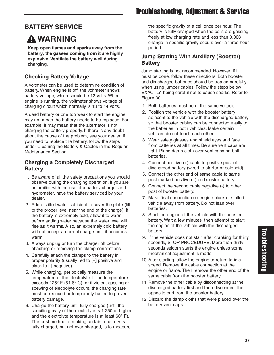 Troubleshooting, adjustment & service, Warning, Troubleshooting | Battery service | Ferris Industries HydroCut Series 5900111 User Manual | Page 39 / 43