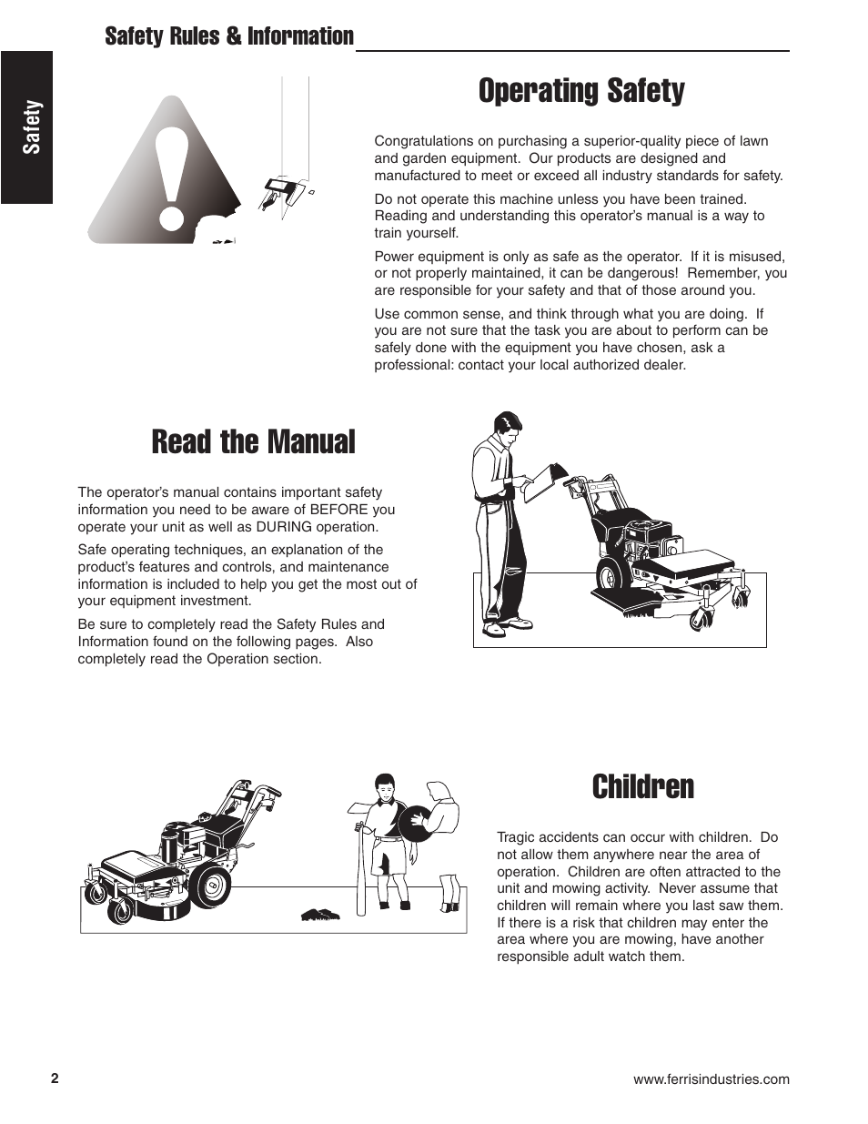 Operating safety, Read the manual, Children | Safety rules & information | Ferris Industries HydroCut Series 5900111 User Manual | Page 4 / 43