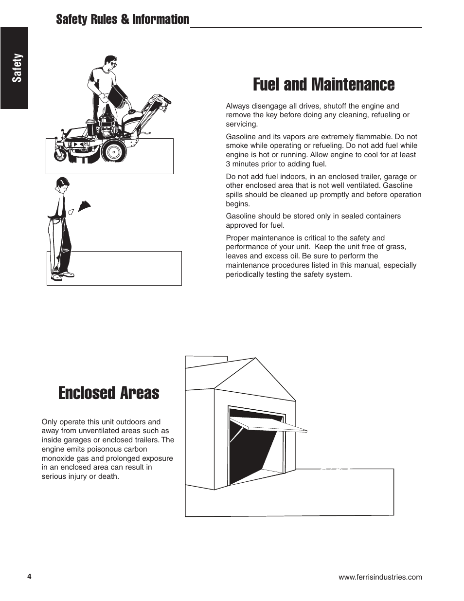Enclosed areas, Fuel and maintenance, Safety rules & information | Ferris Industries HydroCut Series 5900111 User Manual | Page 6 / 43