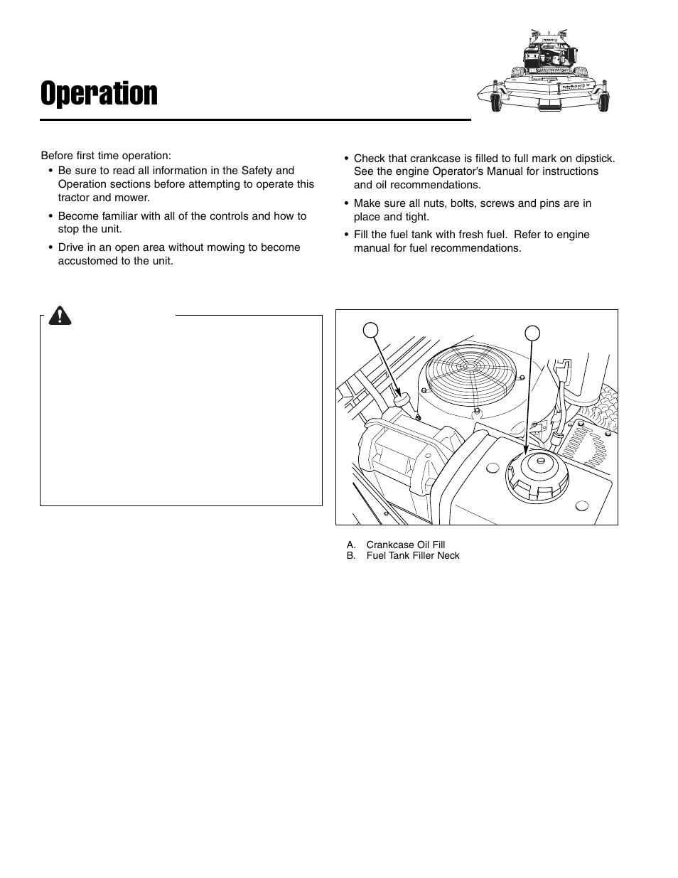Operation, Warning, General operating safety | Checks before starting | Ferris Industries Ddskav15 User Manual | Page 12 / 44