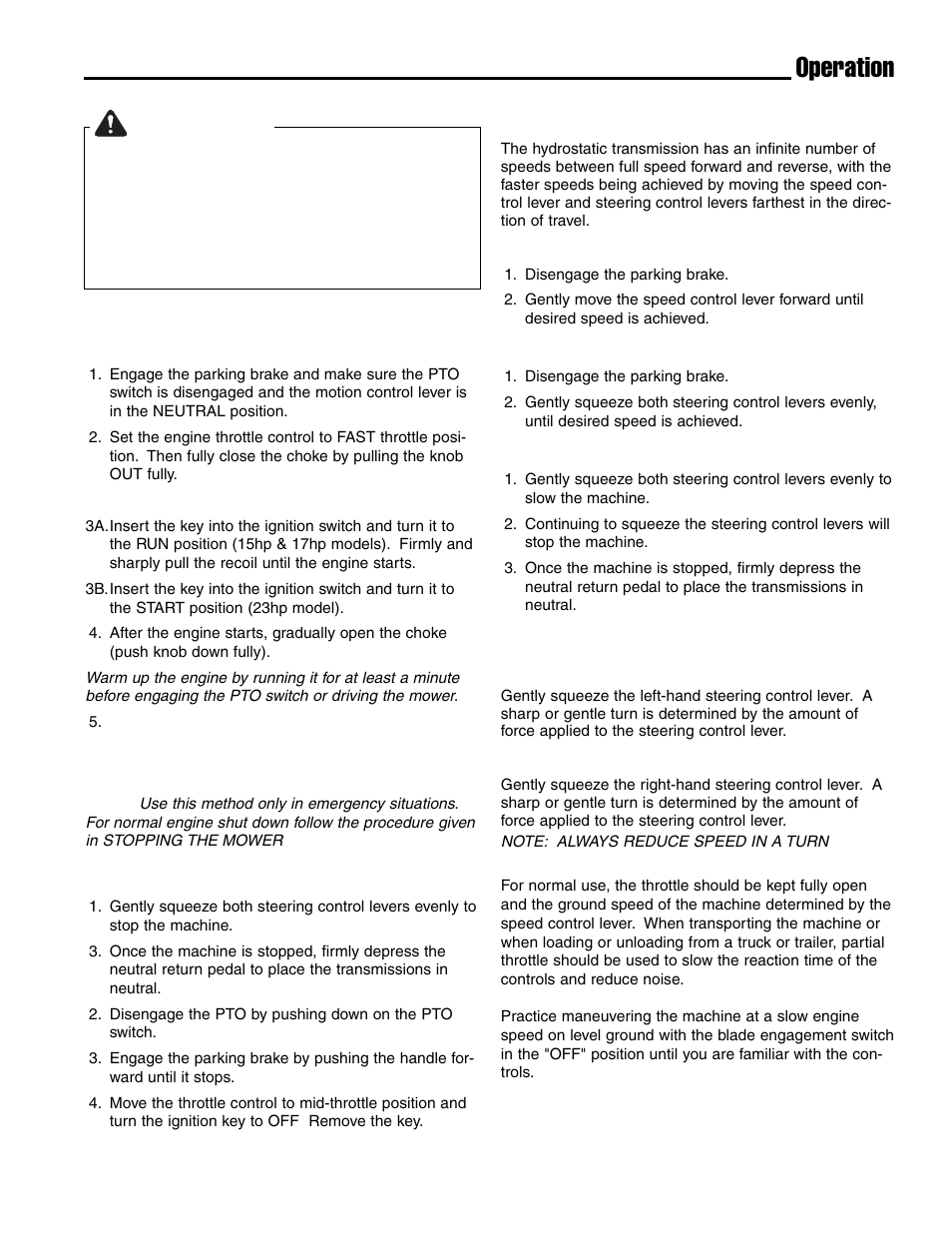 Warning, Operation, Starting the engine | Stopping the mower, Driving the mower | Ferris Industries Ddskav15 User Manual | Page 13 / 44