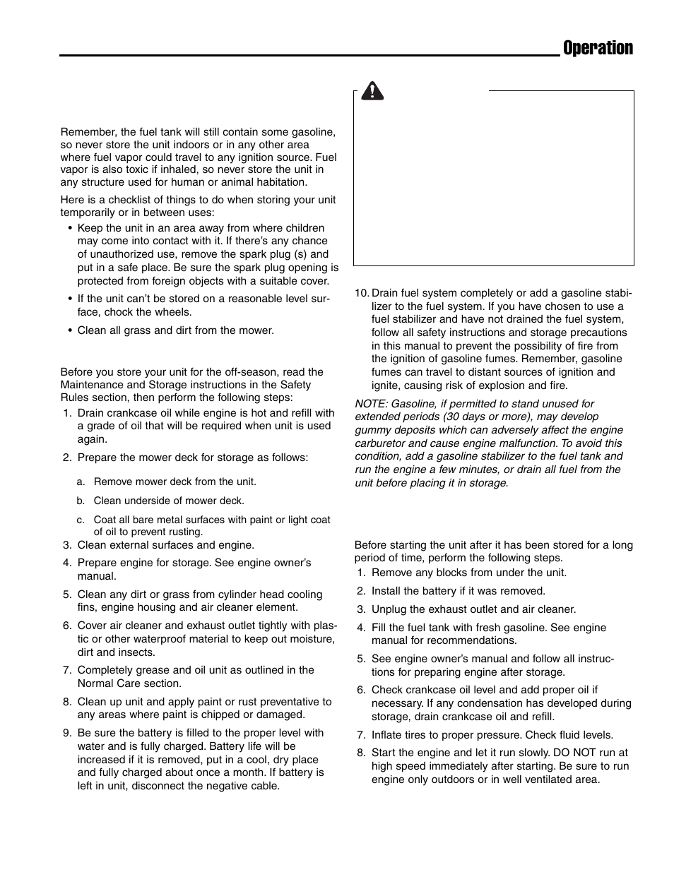 Operation, Warning, Storage | Starting after long term storage | Ferris Industries Ddskav15 User Manual | Page 15 / 44