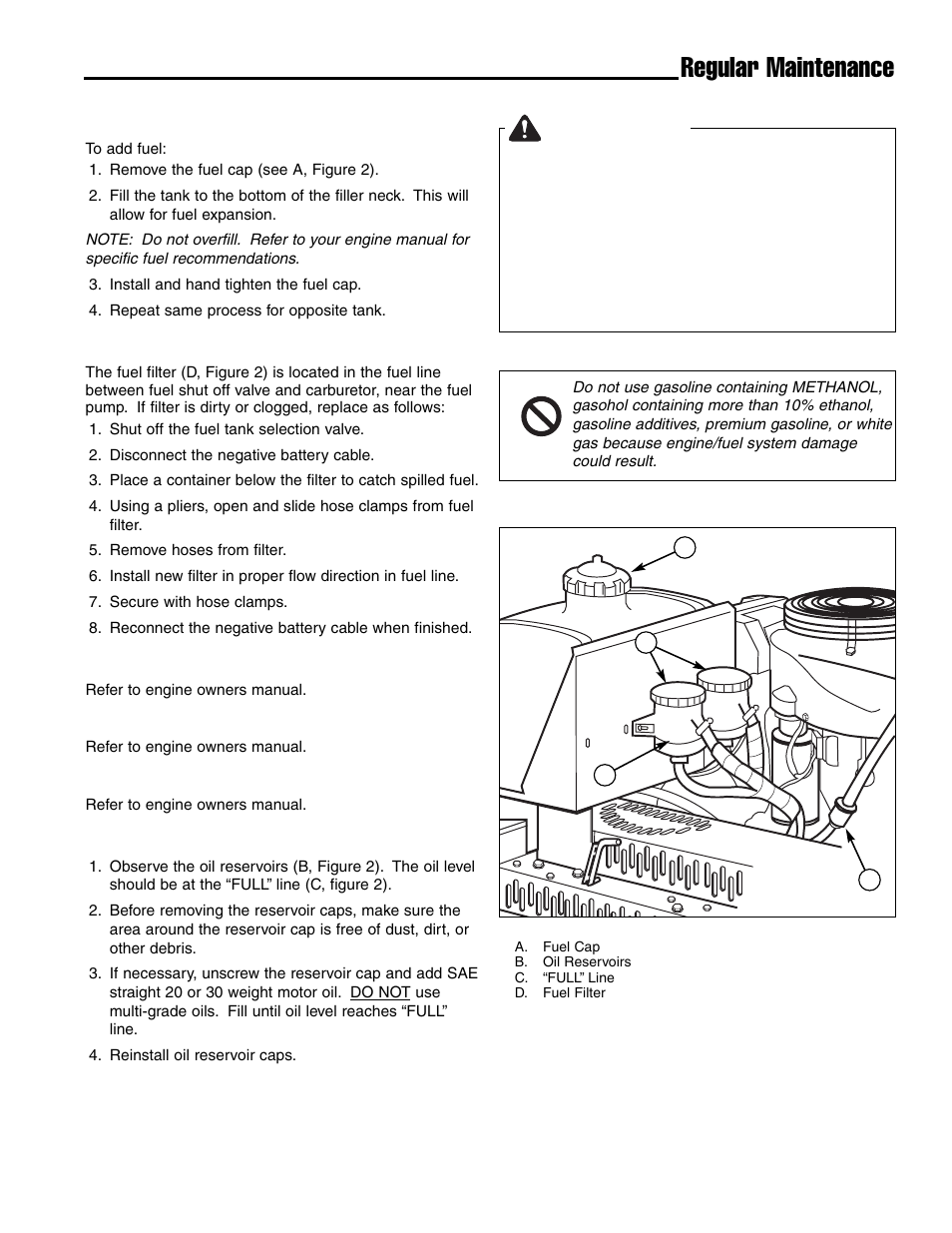 Regular maintenance warning, Checking / adding fuel, Fuel filter | Oil & filter change, Check / change air filter, Replace spark plug, Check hydraulic oil level | Ferris Industries Ddskav15 User Manual | Page 17 / 44