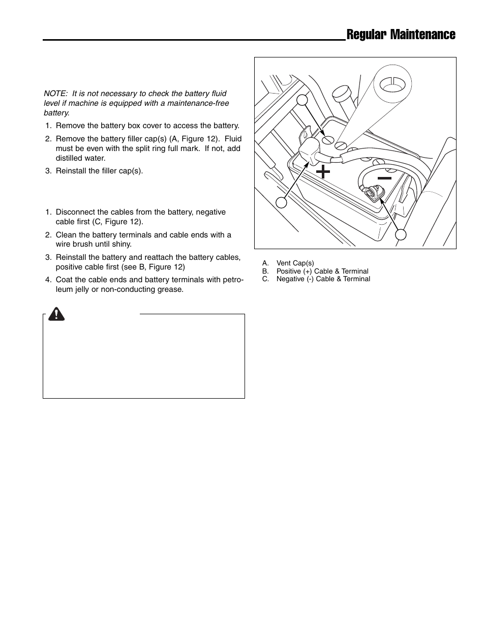 Regular maintenance, Warning, Battery maintenance | Ferris Industries Ddskav15 User Manual | Page 19 / 44