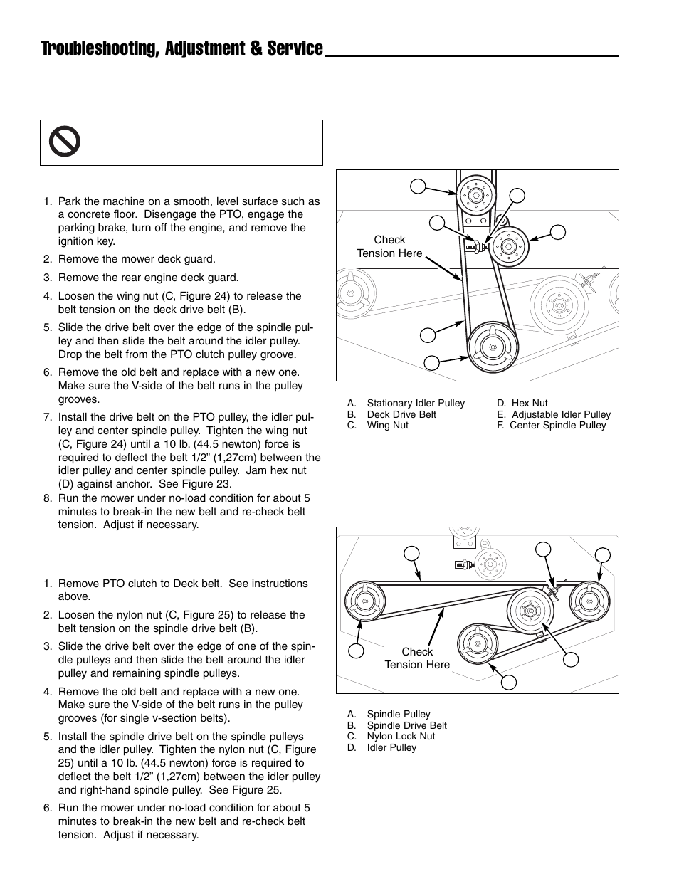 Troubleshooting, adjustment & service, Mower belt replacement and adjustment | Ferris Industries Ddskav15 User Manual | Page 26 / 44