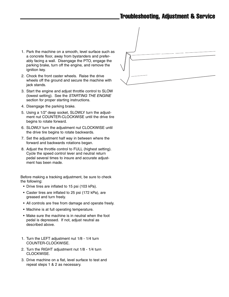 Troubleshooting, adjustment & service, Transmission neutral & tracking adjustments | Ferris Industries Ddskav15 User Manual | Page 29 / 44