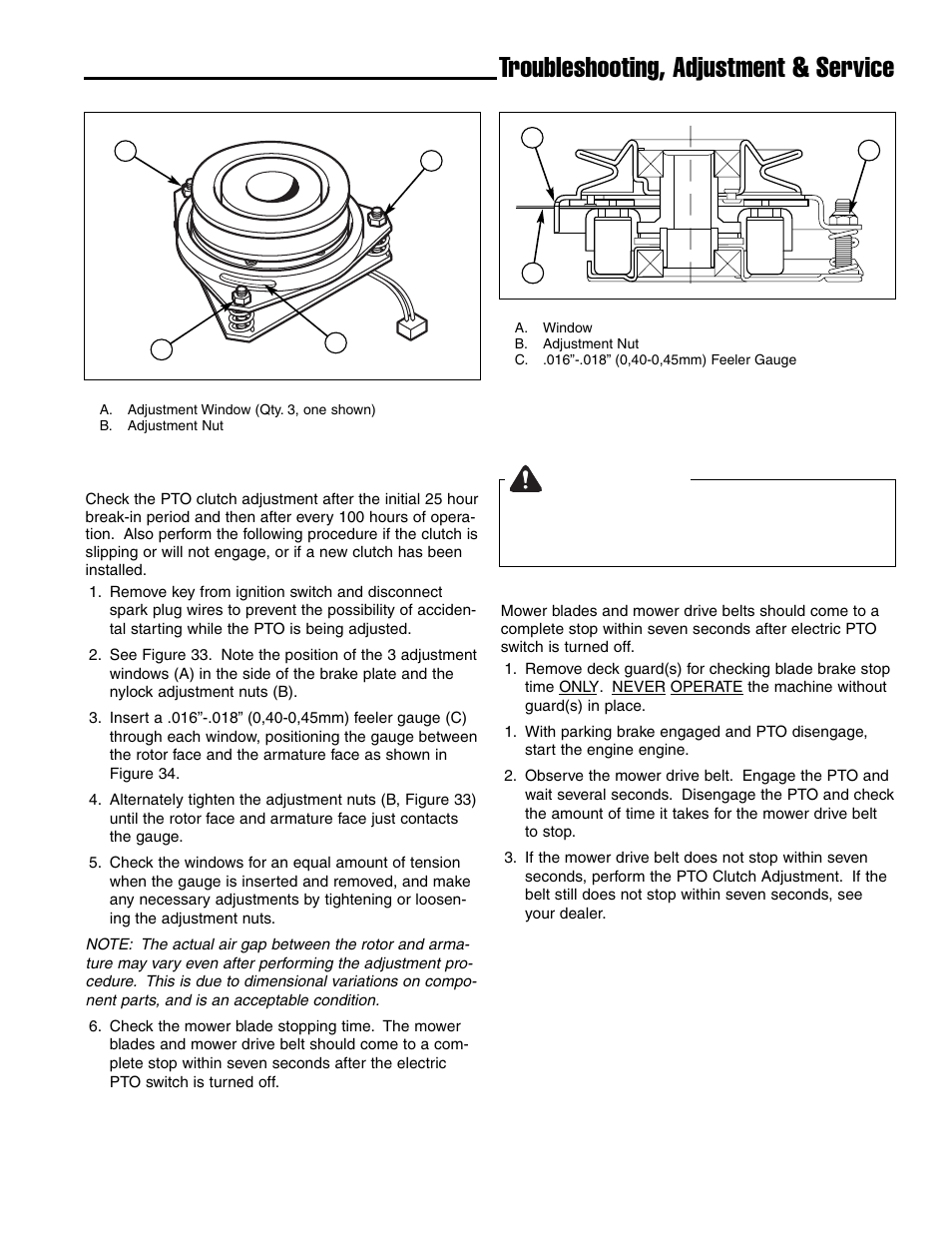 Troubleshooting, adjustment & service warning, Pto clutch adjustment | Ferris Industries Ddskav15 User Manual | Page 31 / 44