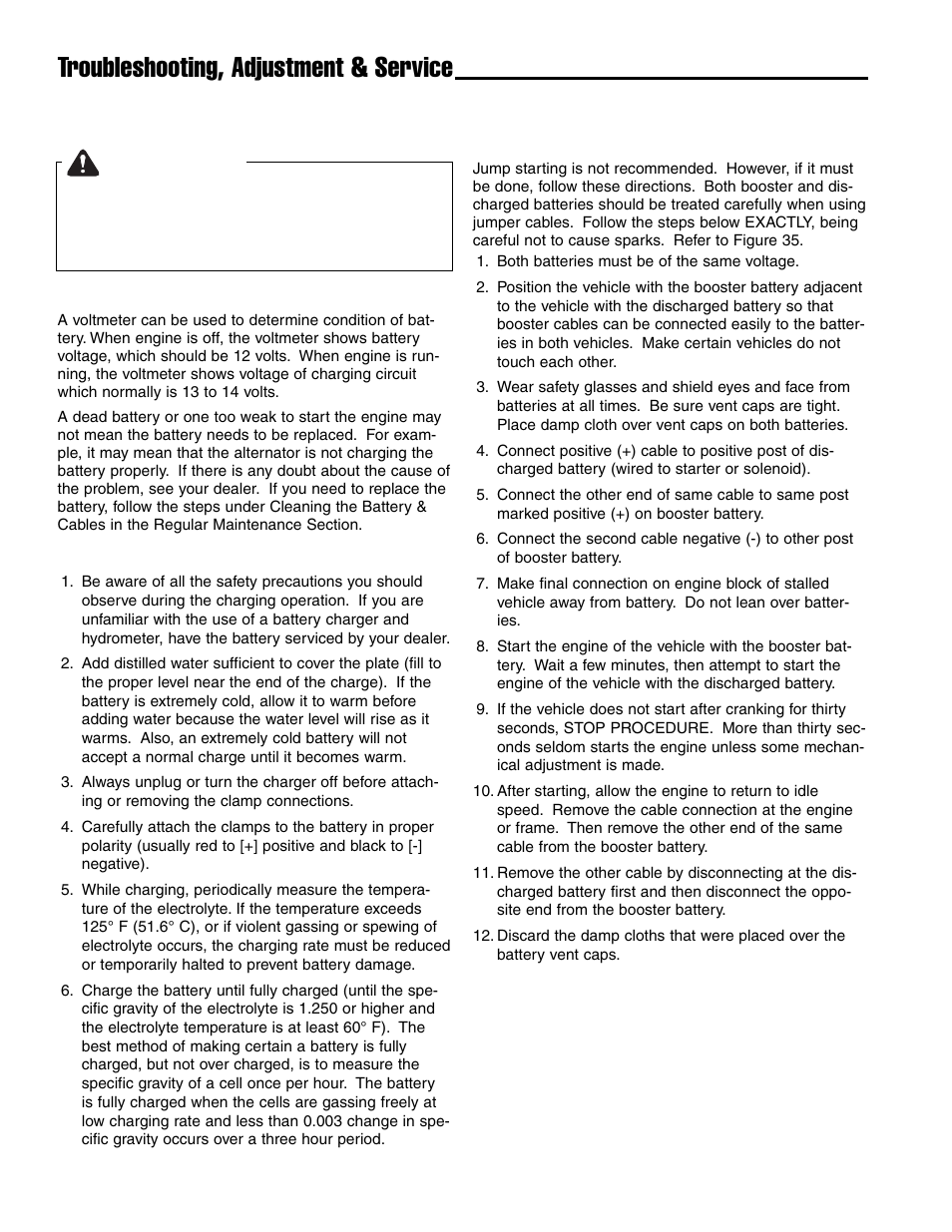 Troubleshooting, adjustment & service, Warning, Battery service | Ferris Industries Ddskav15 User Manual | Page 32 / 44