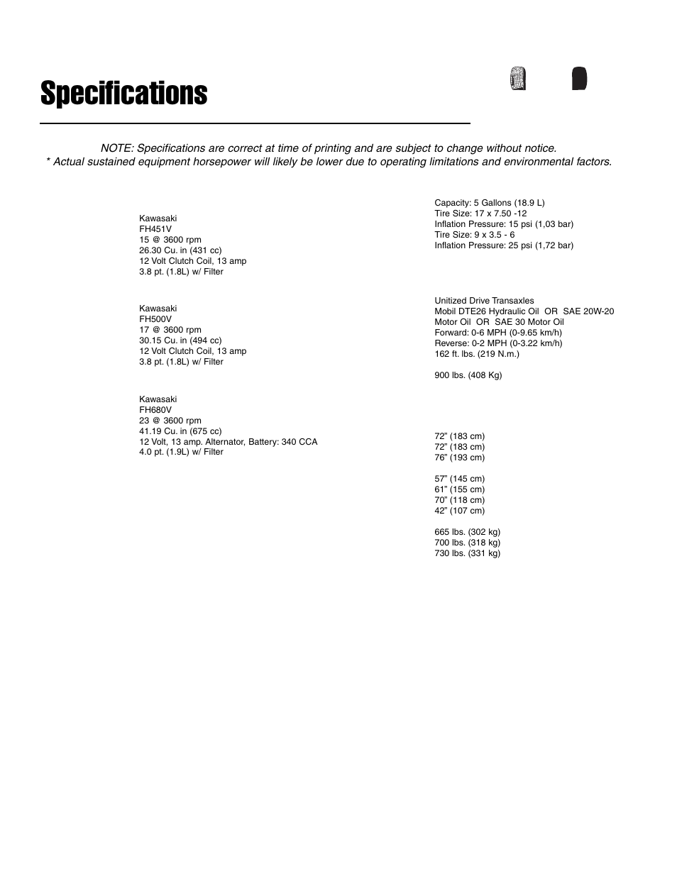 Specifications, Engine, Chassis | Transmission, Dimensions, 15 hp* kawasaki manual start, 17 hp* kawasaki manual start, 23 hp* kawasaki electric start | Ferris Industries Ddskav15 User Manual | Page 34 / 44