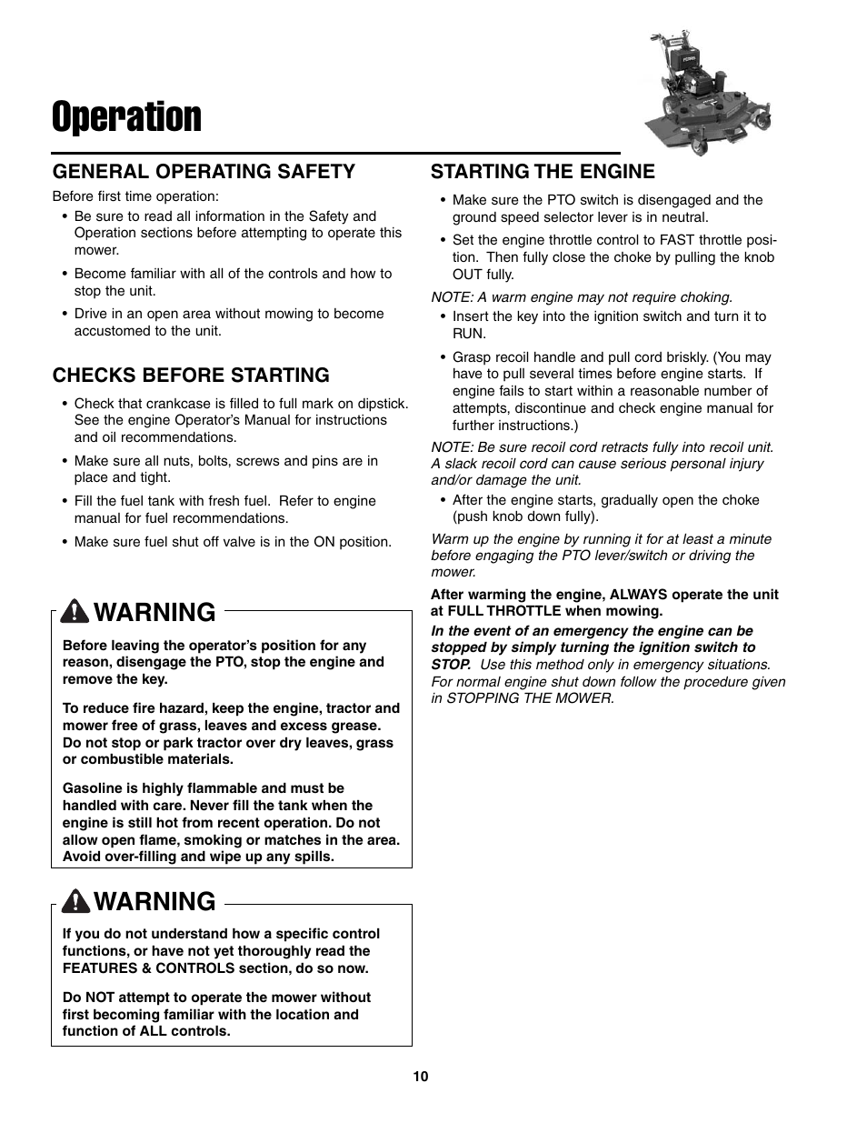 Operation, Warning, General operating safety | Checks before starting, Starting the engine | Ferris Industries BGF36KAV15 User Manual | Page 12 / 36