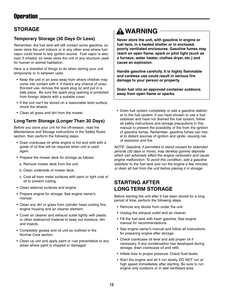 Operation, Warning, Storage | Starting after long term storage | Ferris Industries BGF36KAV15 User Manual | Page 14 / 36