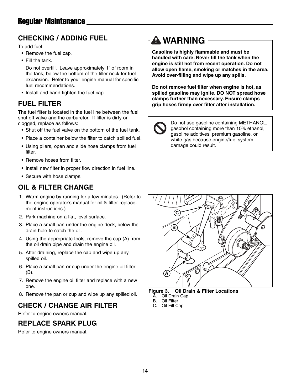 Warning, Regular maintenance, Checking / adding fuel | Fuel filter, Oil & filter change, Check / change air filter, Replace spark plug | Ferris Industries BGF36KAV15 User Manual | Page 16 / 36
