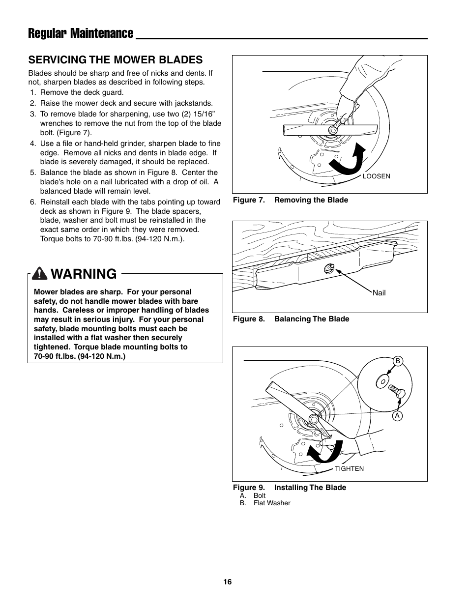Warning, Regular maintenance, Servicing the mower blades | Ferris Industries BGF36KAV15 User Manual | Page 18 / 36