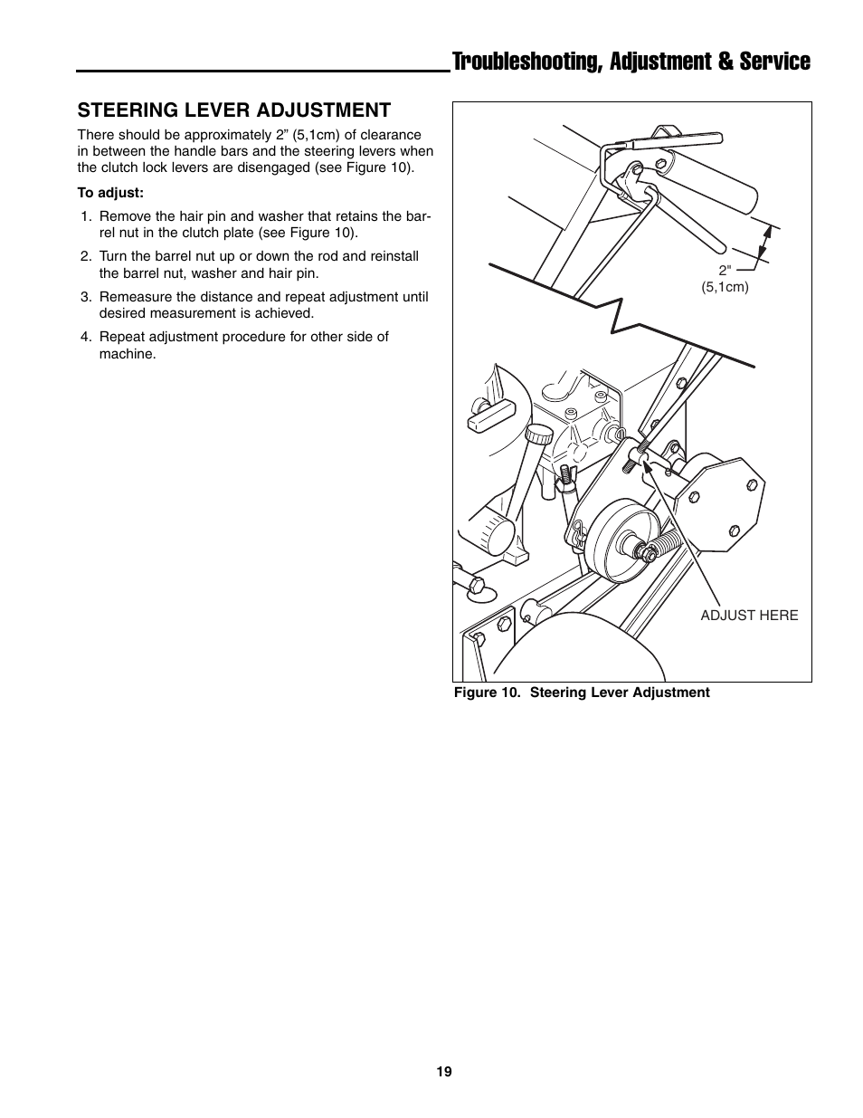 Troubleshooting, adjustment & service, Steering lever adjustment | Ferris Industries BGF36KAV15 User Manual | Page 21 / 36