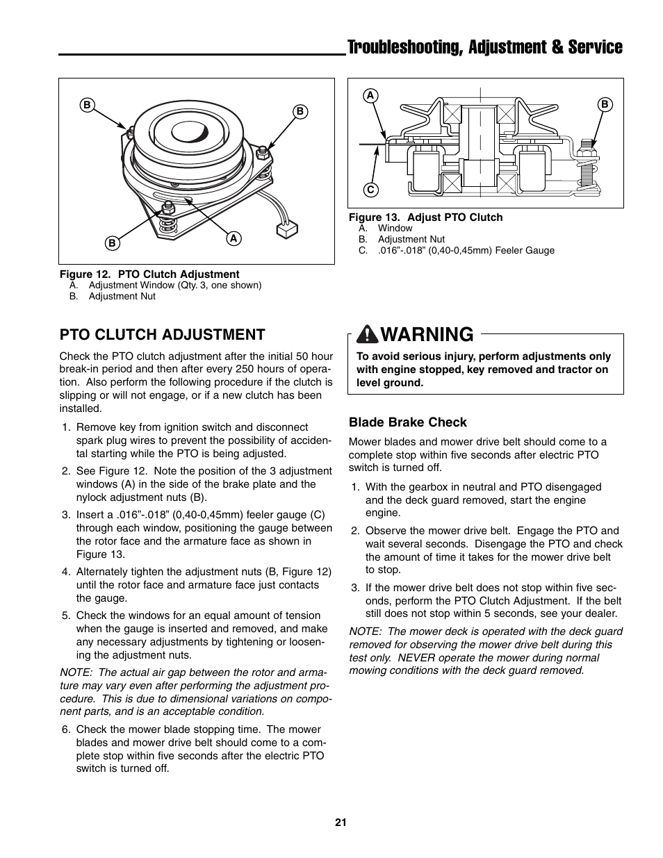 Troubleshooting, adjustment & service, Warning, Pto clutch adjustment | Ferris Industries BGF36KAV15 User Manual | Page 23 / 36