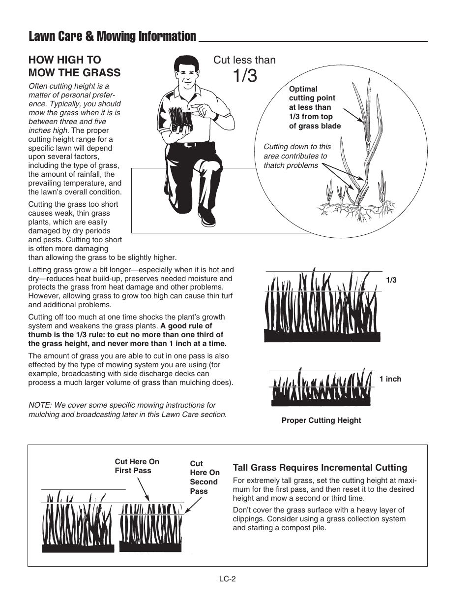 Lawn care & mowing information, How high to mow the grass, Cut less than | Ferris Industries BGF36KAV15 User Manual | Page 28 / 36