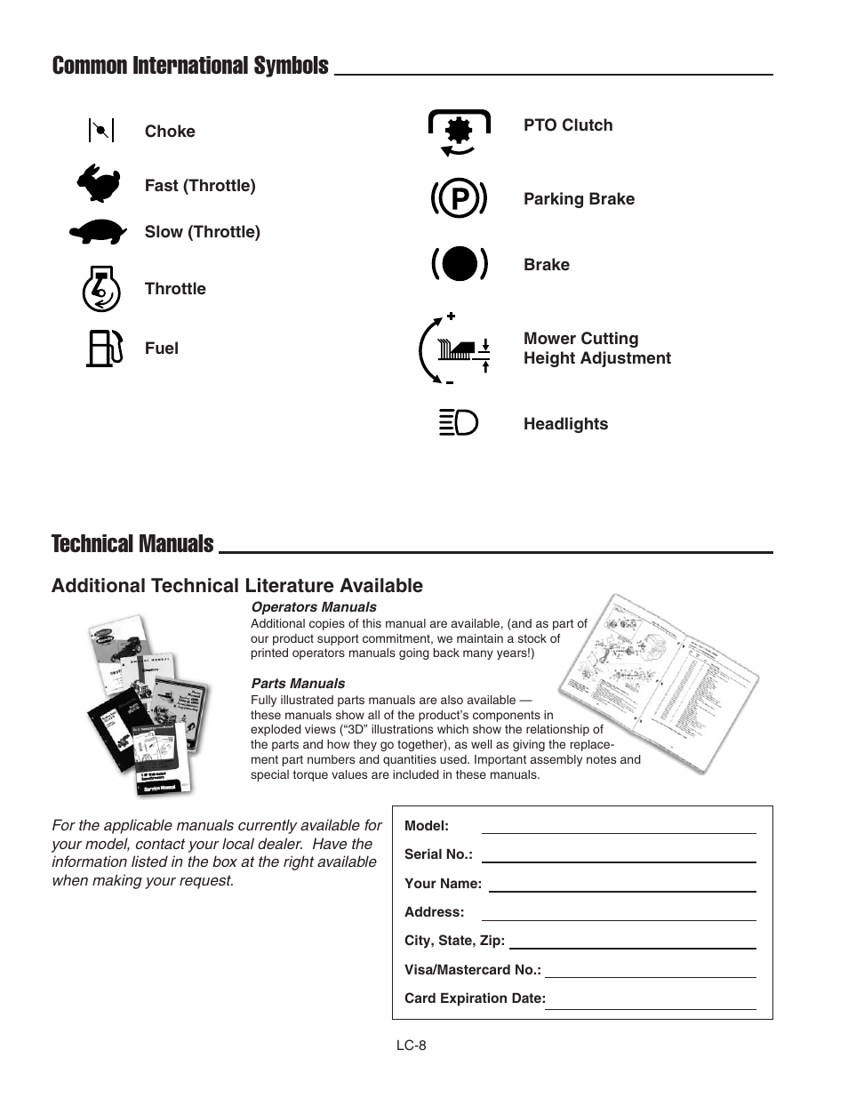 Common international symbols technical manuals, Additional technical literature available | Ferris Industries BGF36KAV15 User Manual | Page 34 / 36