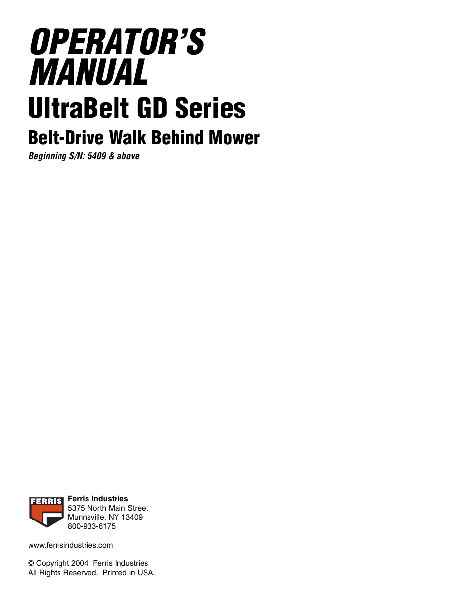 Operator’s manual, Ultrabelt gd series | Ferris Industries BGF36KAV15 User Manual | Page 36 / 36