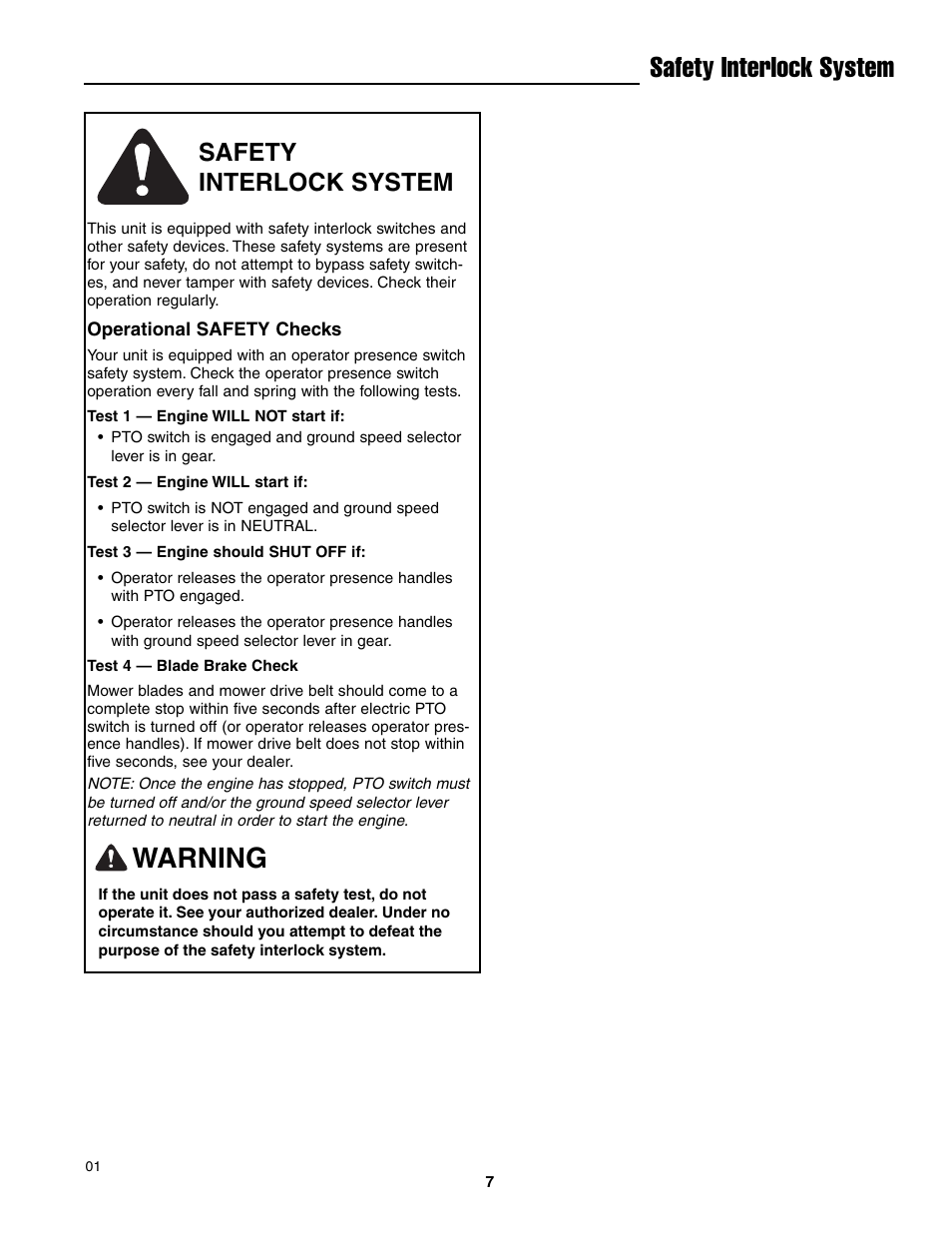 Warning, Safety interlock system | Ferris Industries BGF36KAV15 User Manual | Page 9 / 36