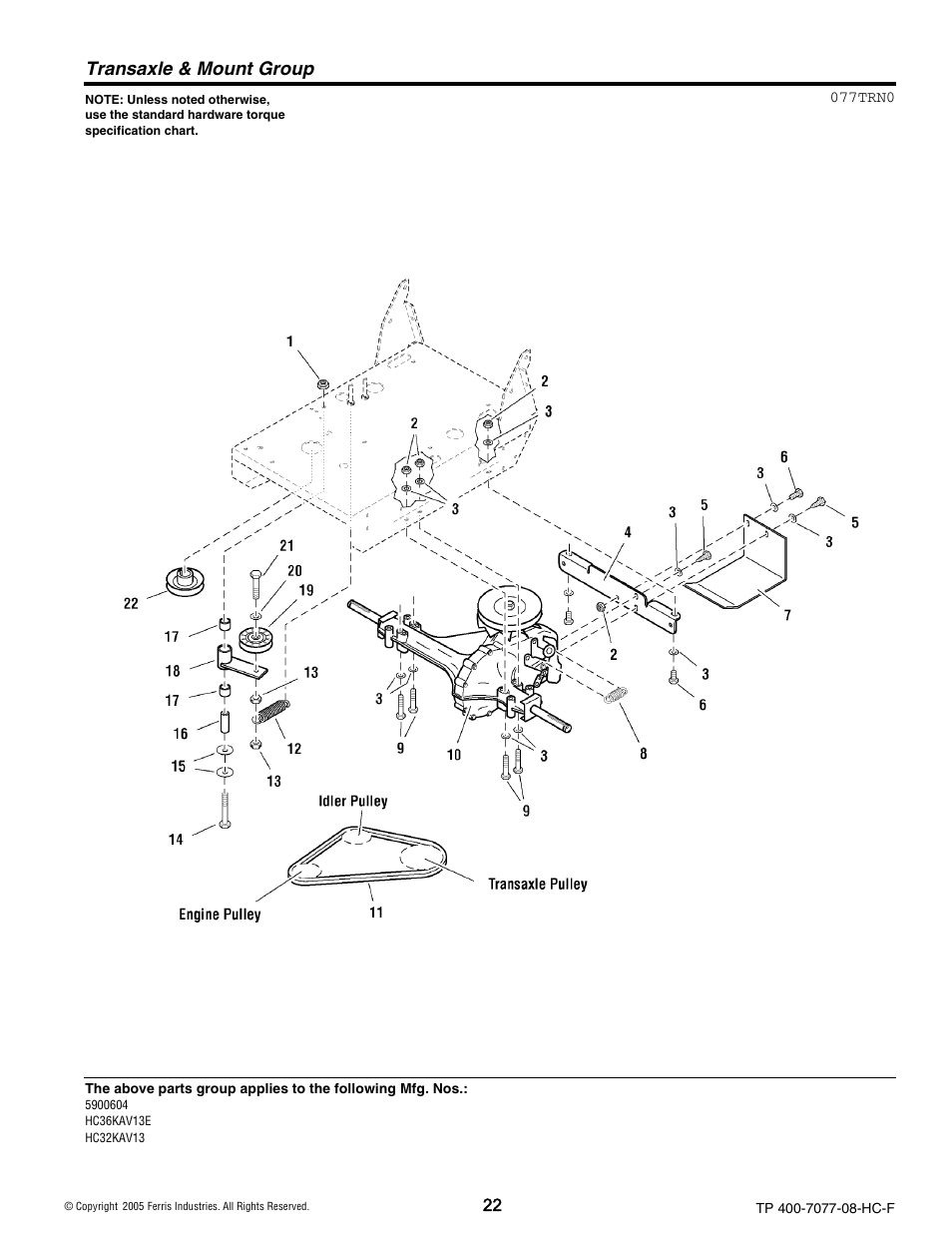 Transaxle & mount group | Ferris Industries HC36KAV13E User Manual | Page 22 / 54