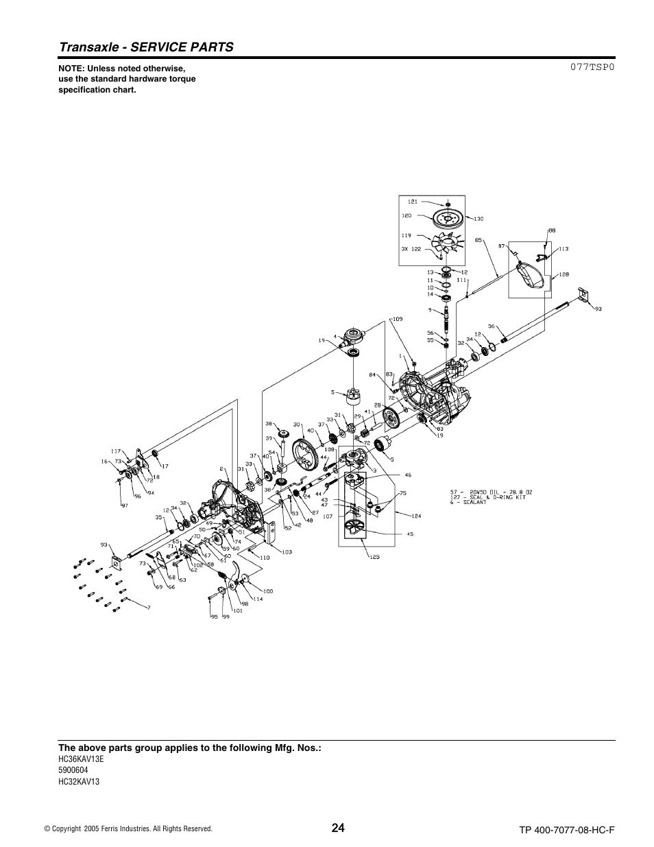 Transaxle - service parts | Ferris Industries HC36KAV13E User Manual | Page 24 / 54