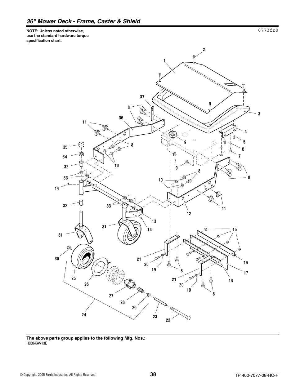 36" mower deck - frame, caster & shield | Ferris Industries HC36KAV13E User Manual | Page 38 / 54