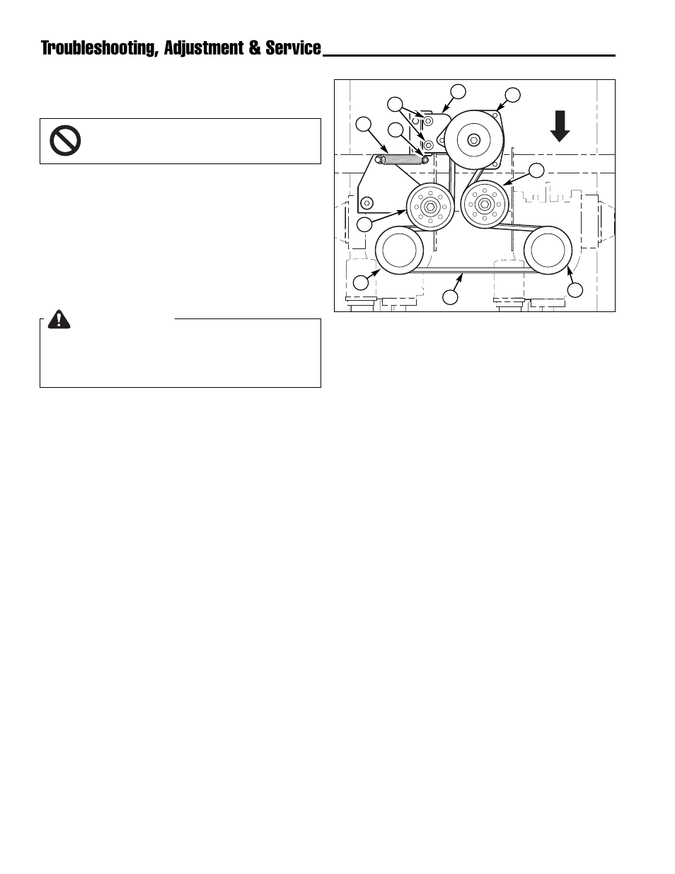 Troubleshooting, adjustment & service, Warning, Transmission drive belt replacement | Front | Ferris Industries Hydrowalk Series DDSKAV23CE User Manual | Page 28 / 43