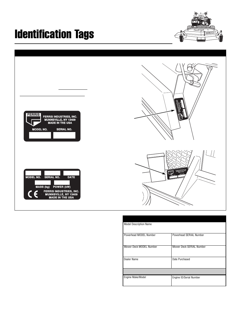 Identification tags | Ferris Industries Hydrowalk Series DDSKAV23CE User Manual | Page 4 / 43
