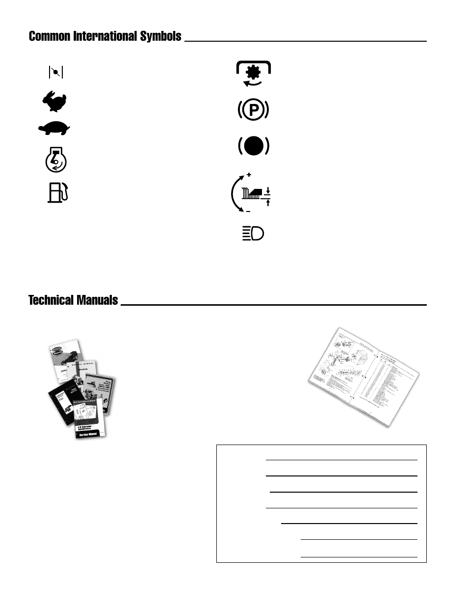 Common international symbols technical manuals, Additional technical literature available | Ferris Industries Hydrowalk Series DDSKAV23CE User Manual | Page 42 / 43