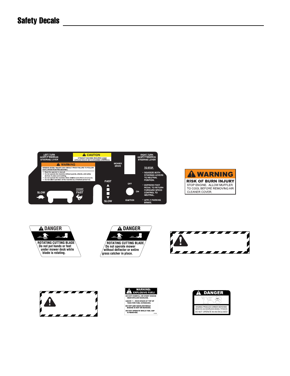 Safety decals, Warning, General | Ferris Industries Hydrowalk Series DDSKAV23CE User Manual | Page 8 / 43