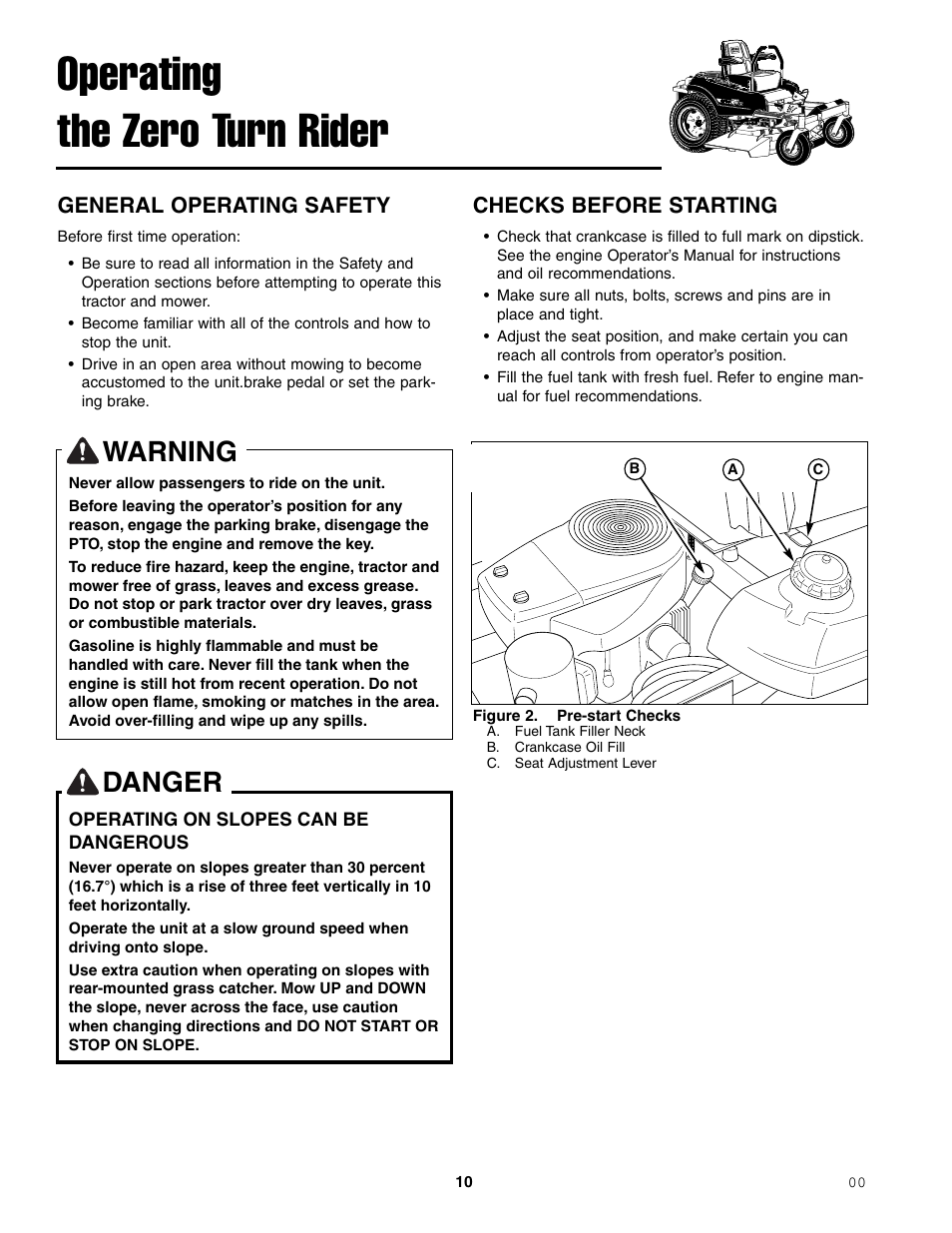 Operating the zero turn rider, Warning, Danger | General operating safety, Checks before starting | Ferris Industries 1000ZKAV21/48CE User Manual | Page 12 / 42