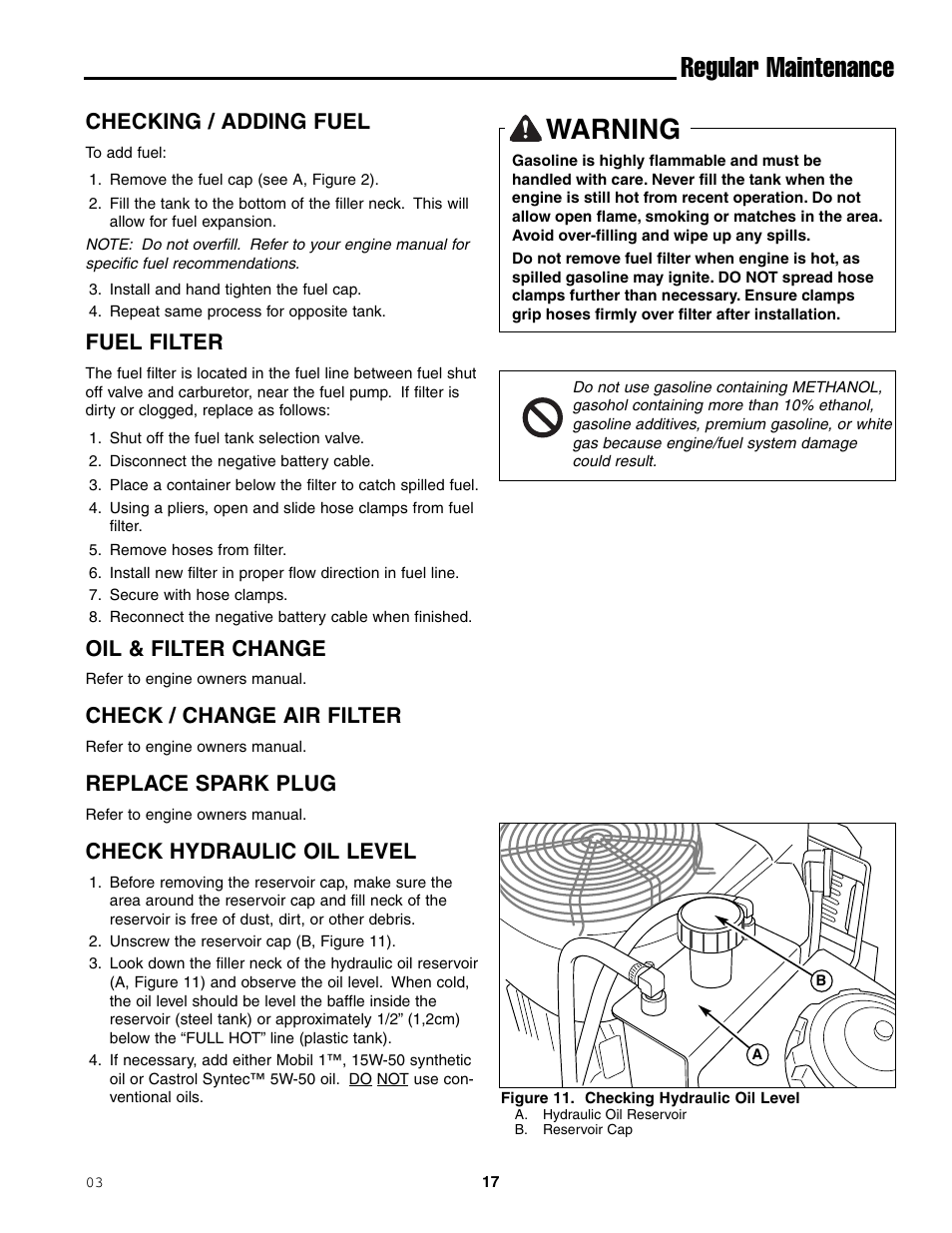 Warning, Regular maintenance, Checking / adding fuel | Fuel filter, Oil & filter change, Check / change air filter, Replace spark plug, Check hydraulic oil level | Ferris Industries 1000ZKAV21/48CE User Manual | Page 19 / 42