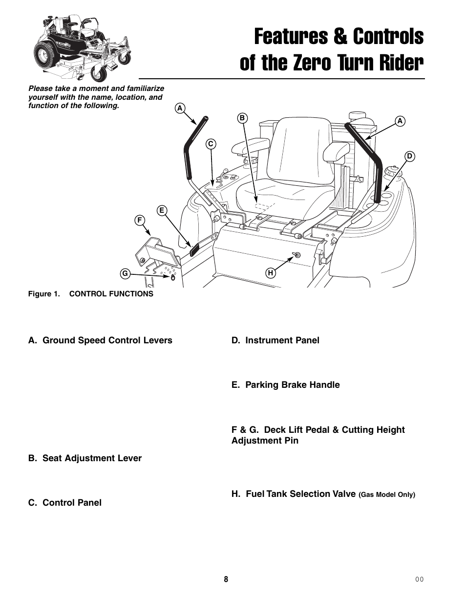 Features & controls of the zero turn rider | Ferris Industries 5000/72R User Manual | Page 10 / 55